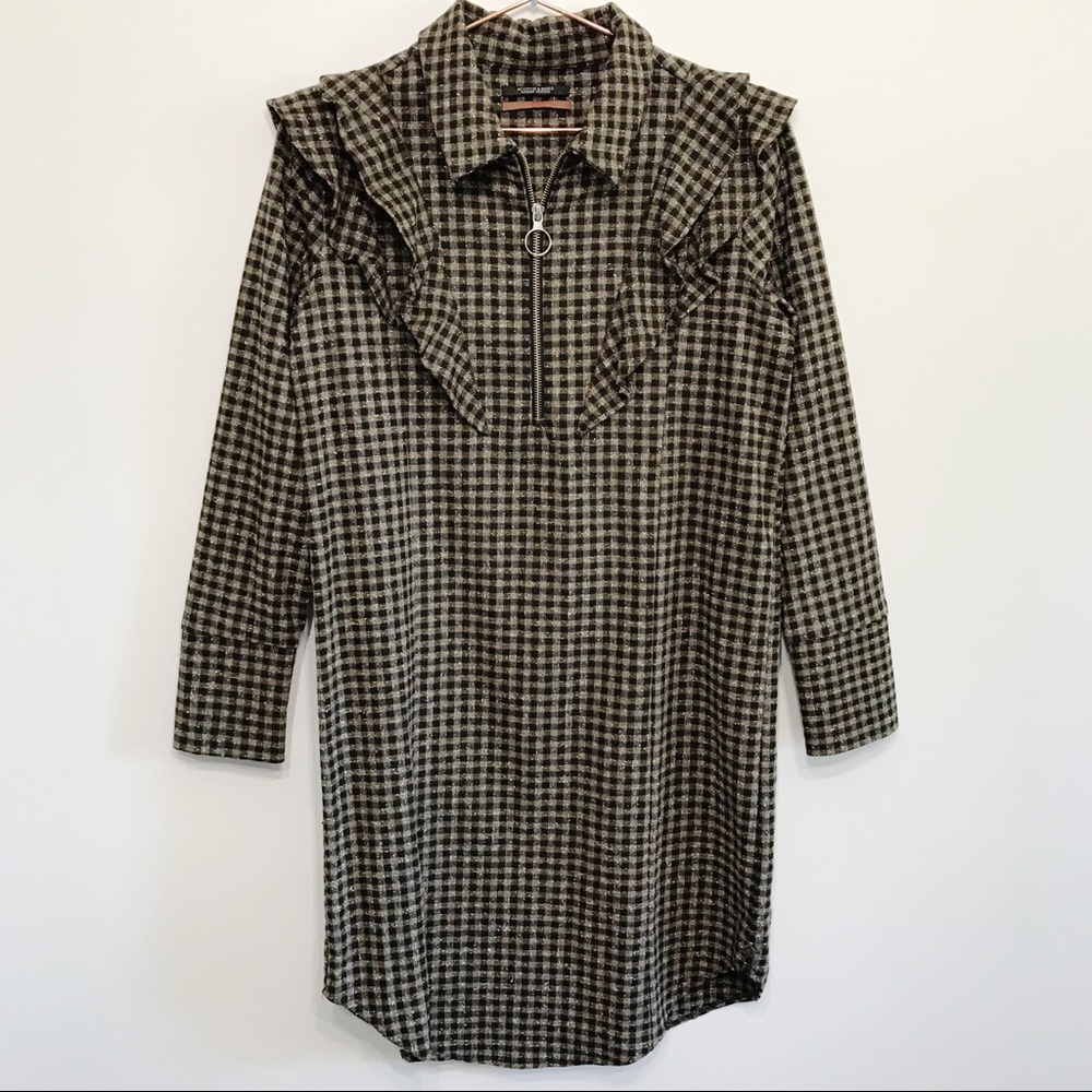 Scotch & Soda Plaid Ruffle Long Sleeve Wool Dress